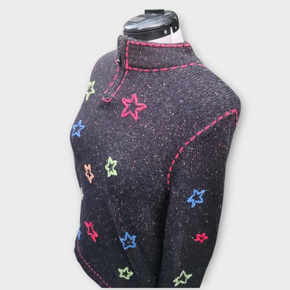 Christopher & Banks Hand Knit Sweater Women's XL 1/4 Zip Embroidered Stars VTG - Picture 4 of 8